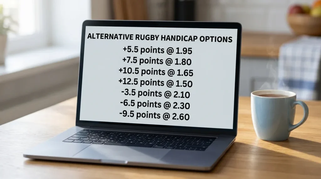 A laptop screen showing a ladder of alternative rugby handicap lines with different prices next to each line