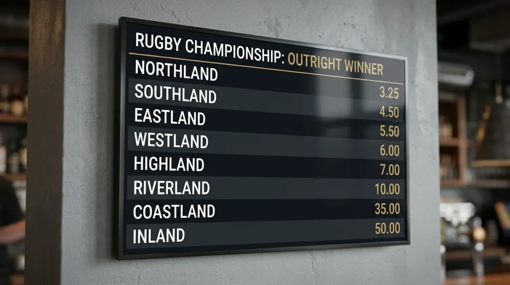 Ante-post outright odds board showing nations and prices for the Rugby World Cup winner market