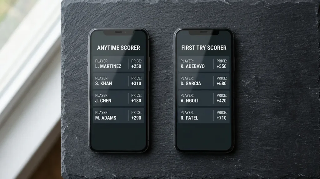 Side-by-side mobile screens showing anytime try scorer and first try scorer prices for the same player