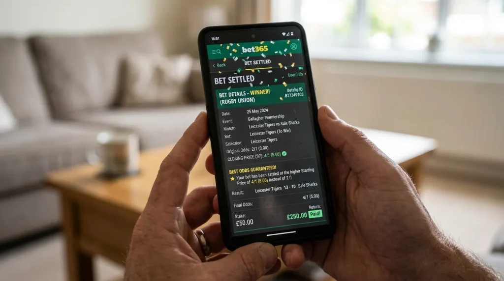 Bet settlement screen showing a rugby bet paid out at the higher closing price under best odds guaranteed