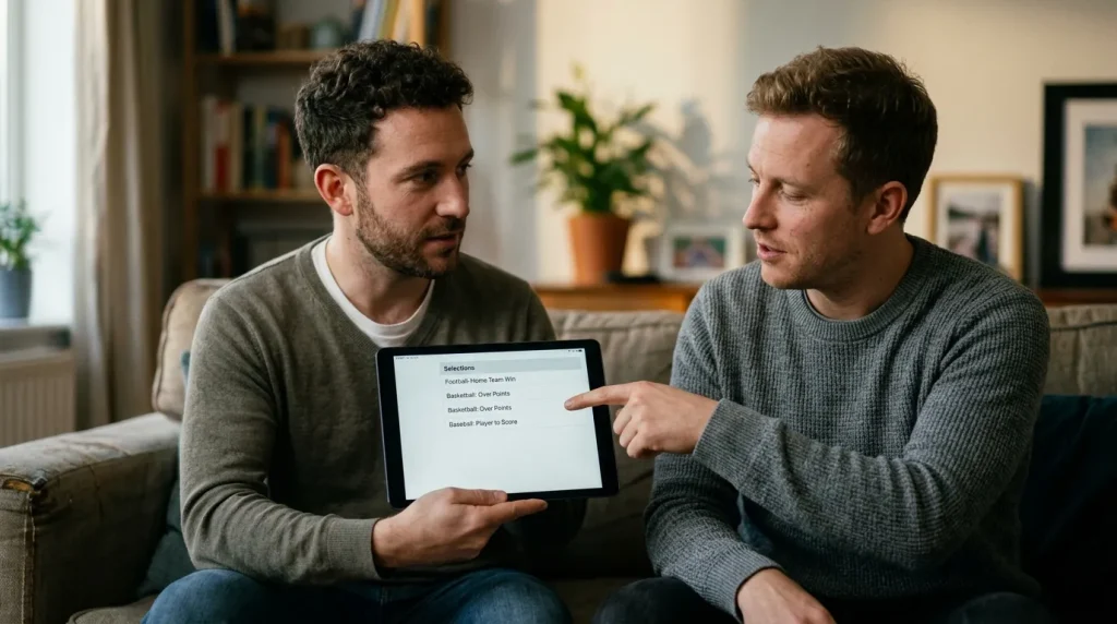 Two friends on a sofa comparing the price of a bet builder on a tablet before placing the bet