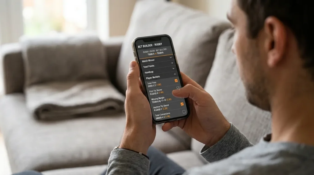 Punter scrolling rugby selections on a smartphone bet builder screen at home