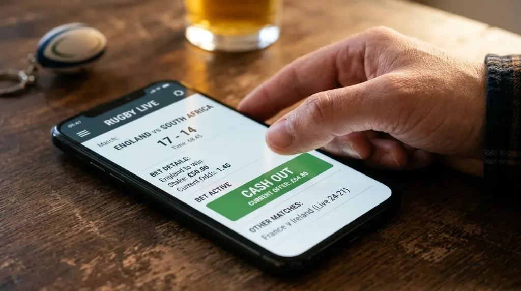 Thumb hovering over a cash out button on a rugby betting app smartphone screen