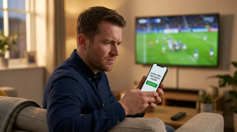 UK rugby fan weighing up a cash out offer on a live bet during the second half of a Six Nations fixture