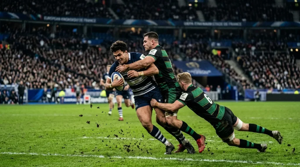 Heavy tackle in a Challenge Cup knockout match with floodlights overhead