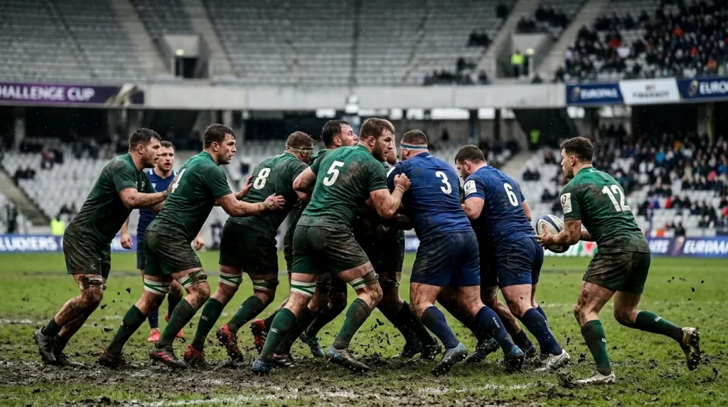 Challenge Cup forwards driving over the gain line during a pool stage match