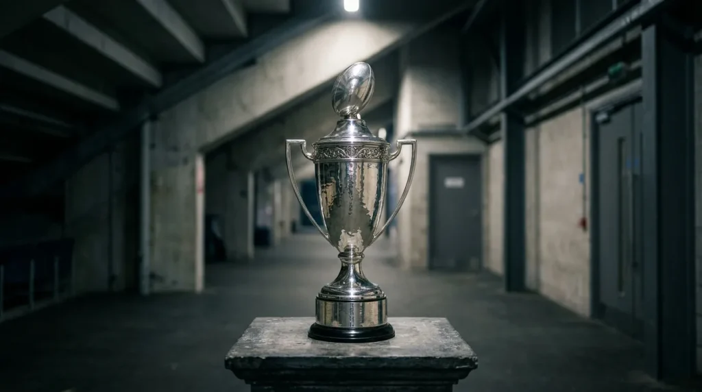 Challenge Cup trophy resting on a plinth in a quiet European stadium before a knockout fixture