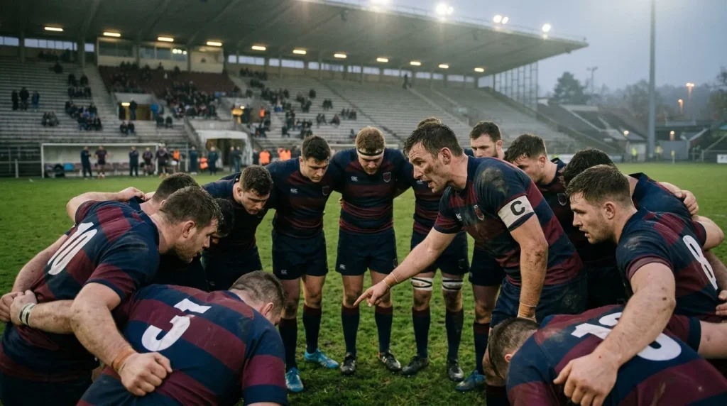 Rugby team huddle in front of an empty Challenge Cup stadium before kickoff