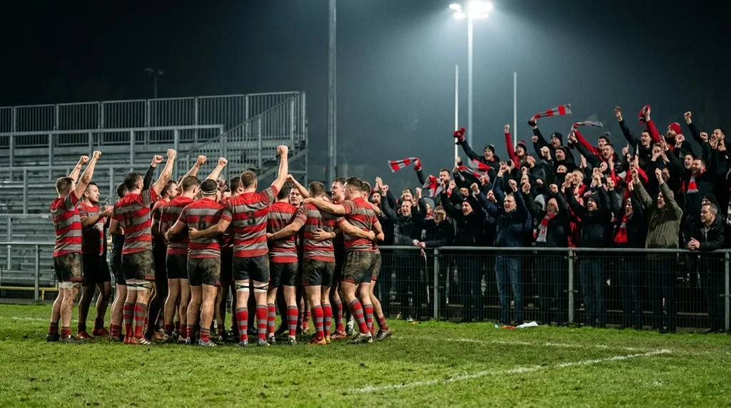 Underdog Challenge Cup side celebrating an upset win in front of travelling supporters