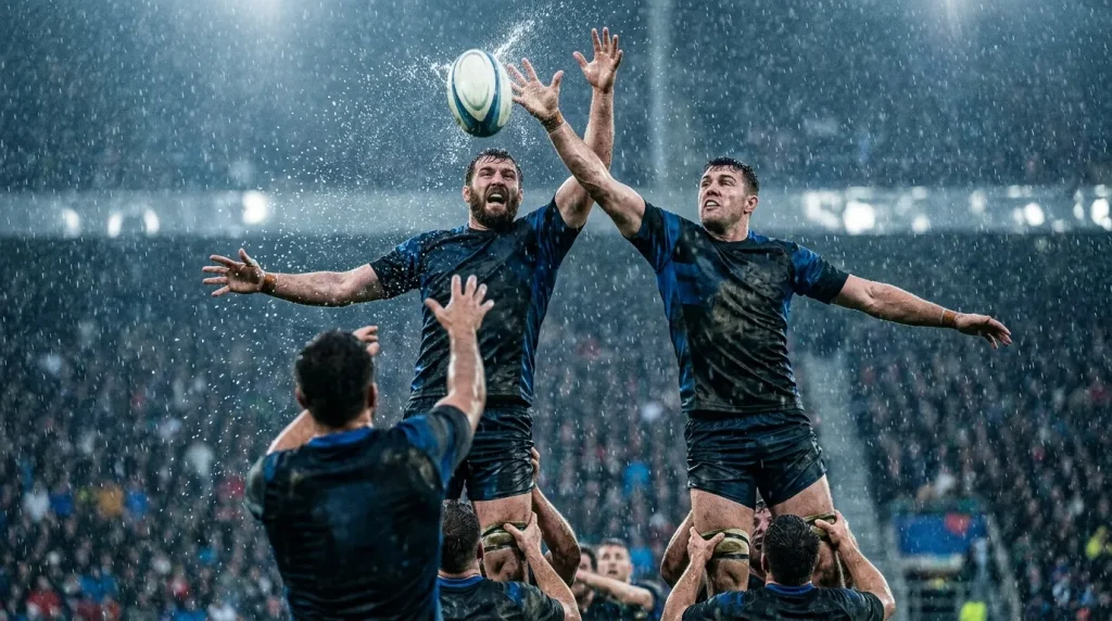 Champions Cup quarterfinal lineout under heavy rain with players reaching skyward