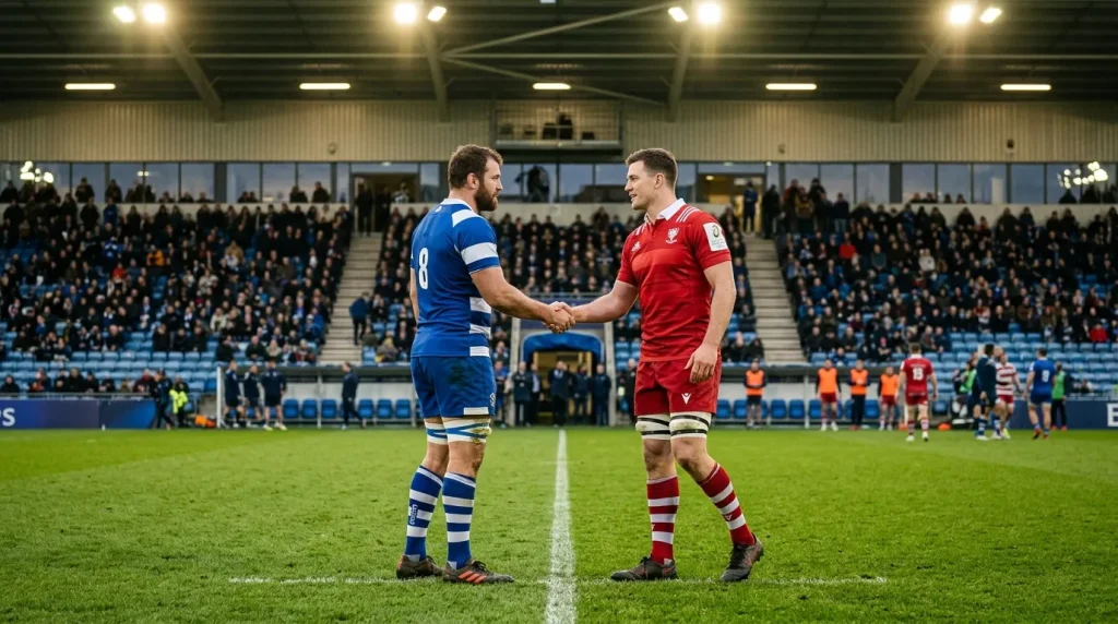 European rugby teams shaking hands before a Champions Cup pool stage kickoff