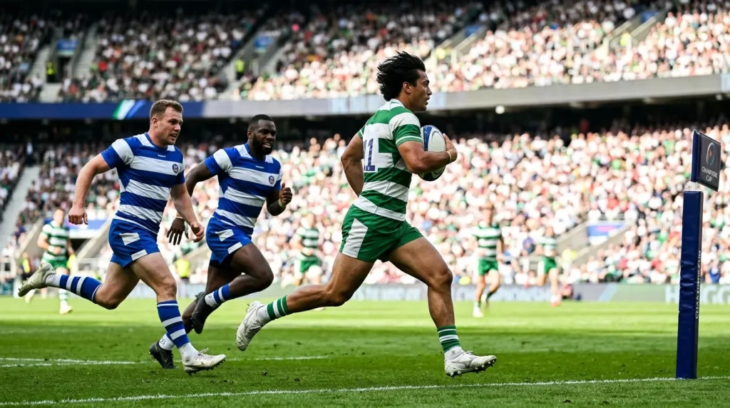 Champions Cup winger sprinting toward the try line with defenders trailing behind
