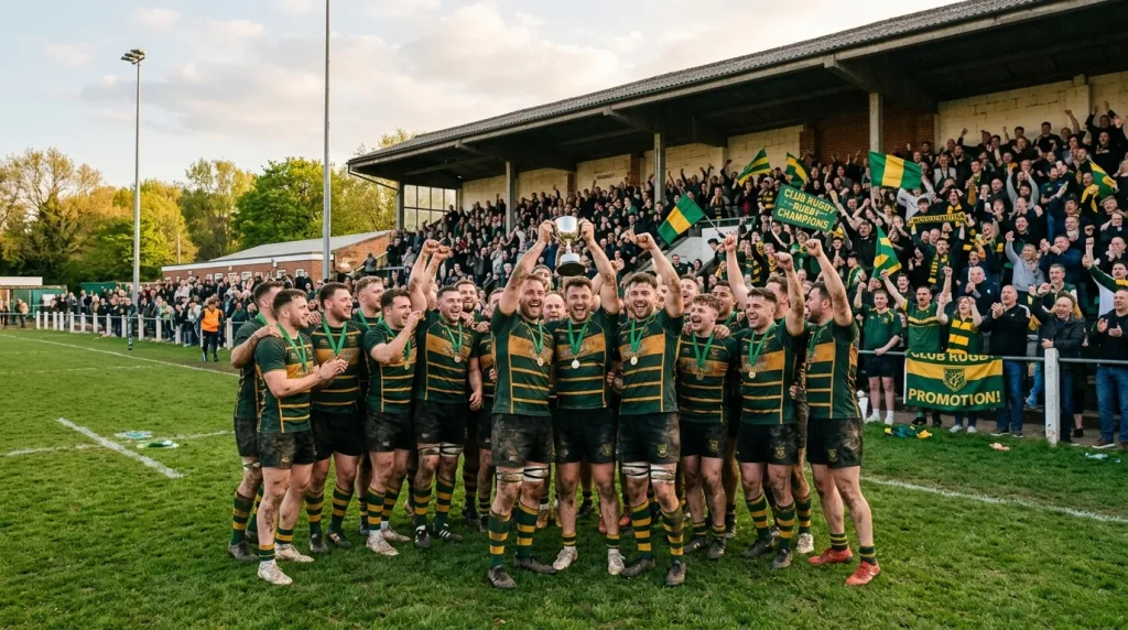 Championship rugby players lifting a trophy at the end of a promotion-winning season