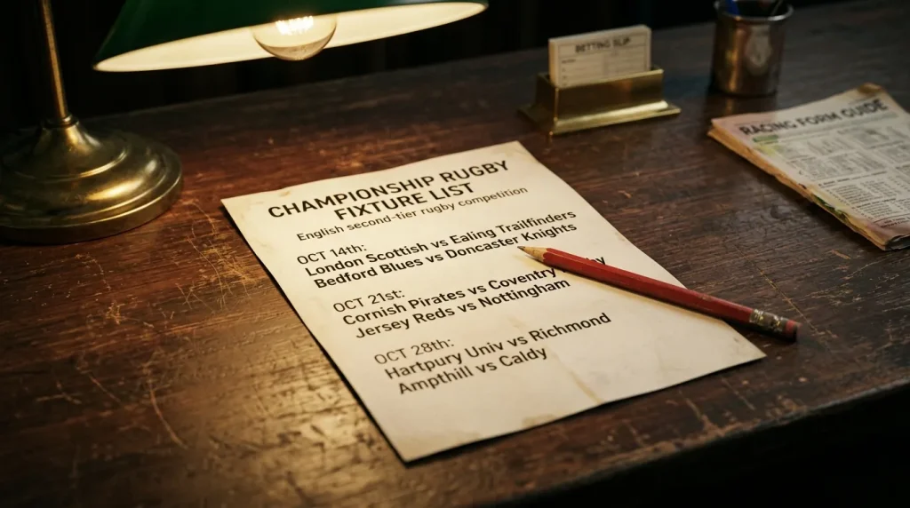 Printed RFU Championship fixture list on a bookmaker's wooden counter
