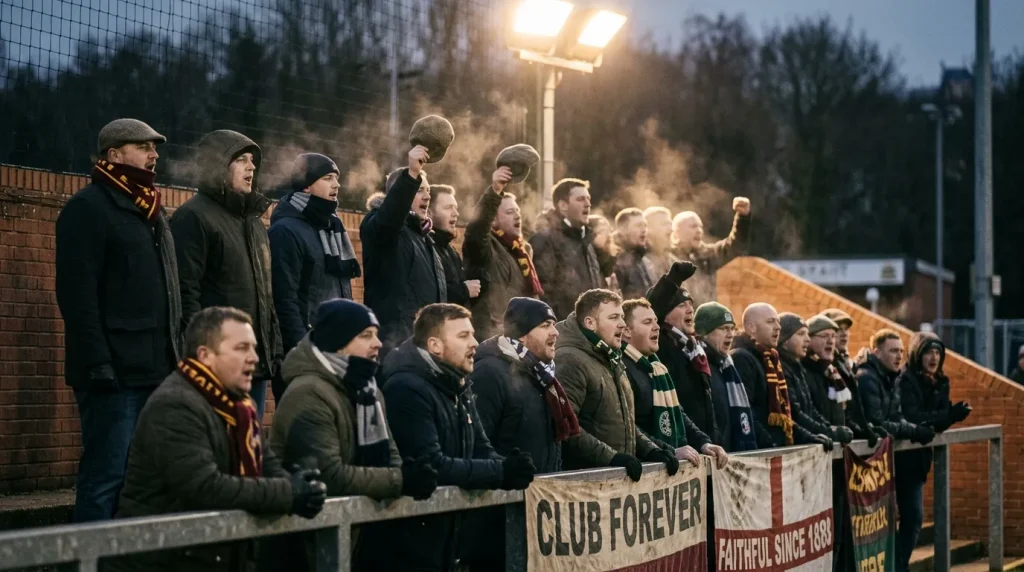 Loyal Championship rugby supporters in club scarves singing from a small terrace