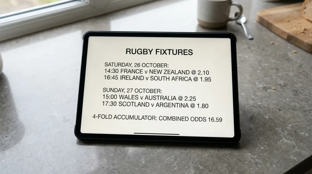 Tablet screen showing four separate Saturday rugby fixtures combined into a single cross-match accumulator slip