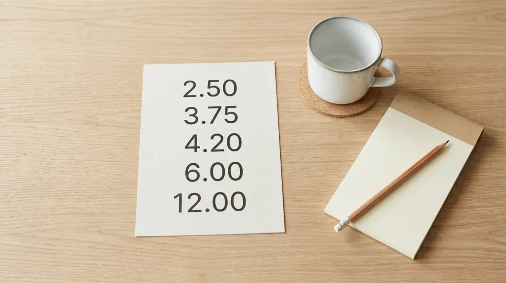 Decimal rugby odds shown on a clean printed price card with a coffee cup beside it