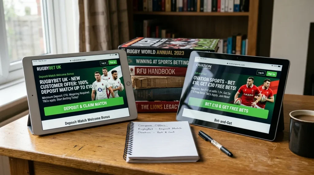 Two rugby welcome bonus pages side by side showing deposit-match and bet-and-get structures
