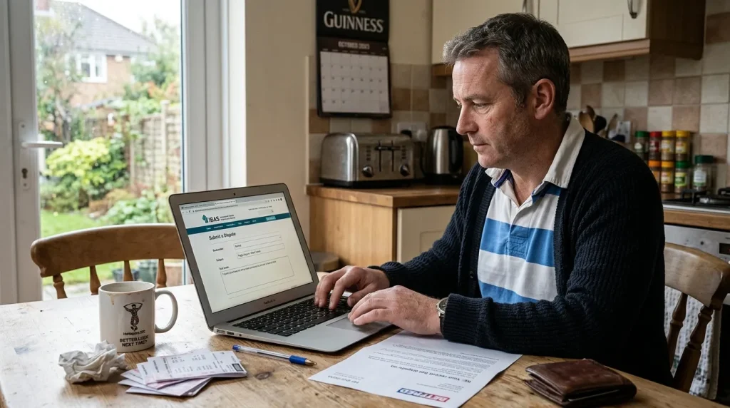 Bettor lodging a formal complaint about a rugby bet settlement through an independent adjudication service portal