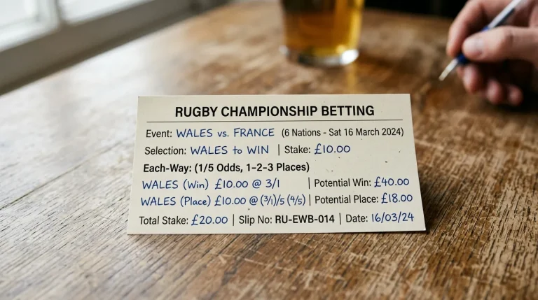 Each-way rugby outright betting slip showing place terms and fraction for a Six Nations tournament market
