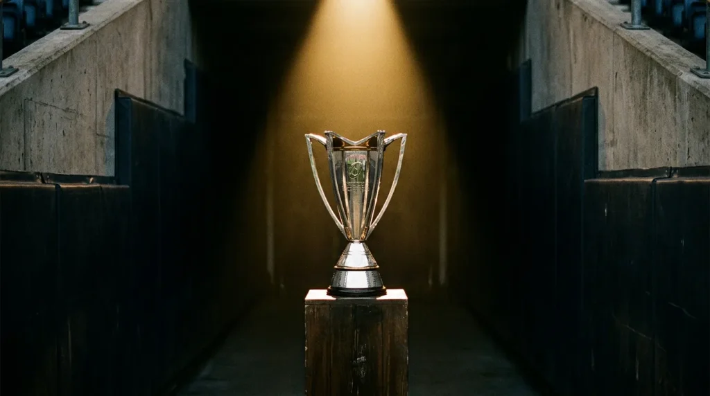 Silver Champions Cup trophy on a plinth in an empty European stadium tunnel before kickoff