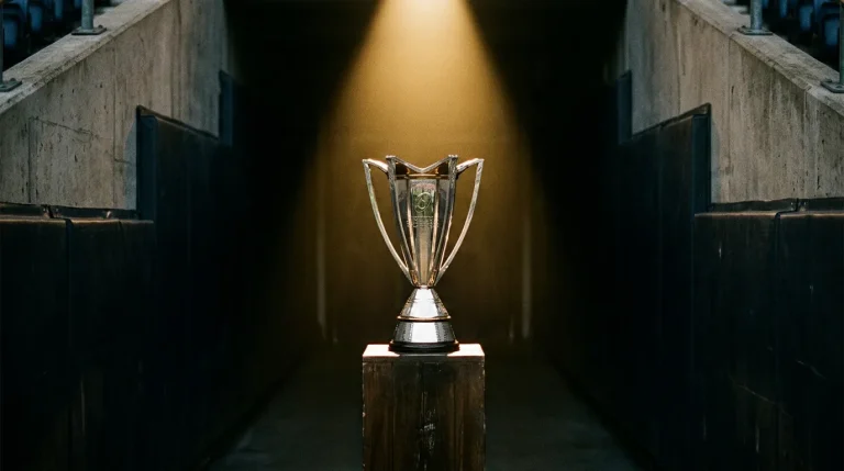Silver Champions Cup trophy on a plinth in an empty European stadium tunnel before kickoff