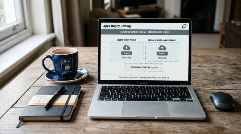 Secure document upload screen for an affordability check on a UK rugby betting account