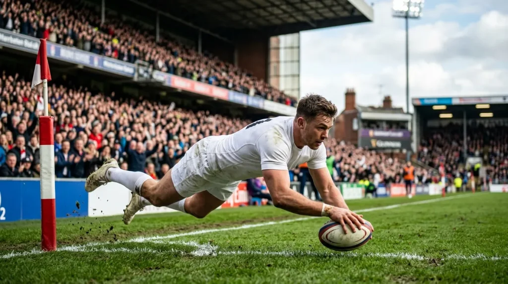 Rugby winger diving over the line to score the opening try of a Premiership match in front of a packed stand