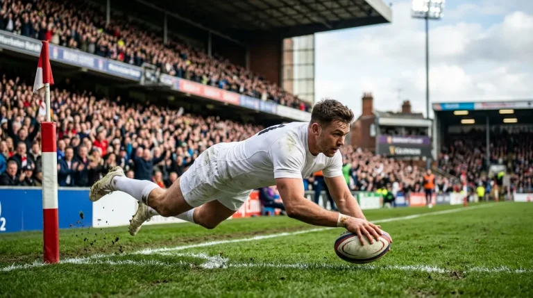 Rugby winger diving over the line to score the opening try of a Premiership match in front of a packed stand