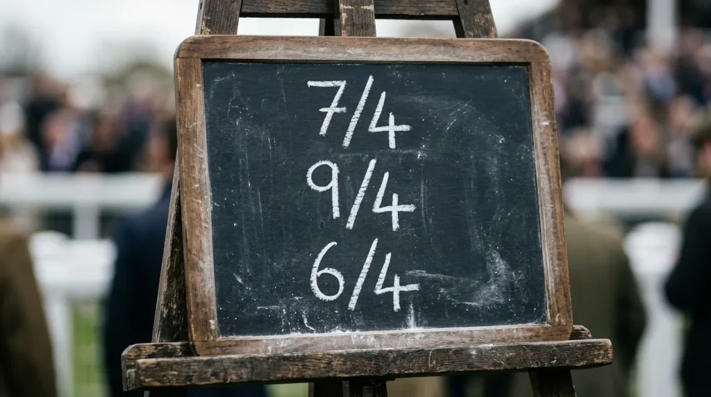 Traditional racecourse-style chalkboard showing fractional rugby odds written by hand
