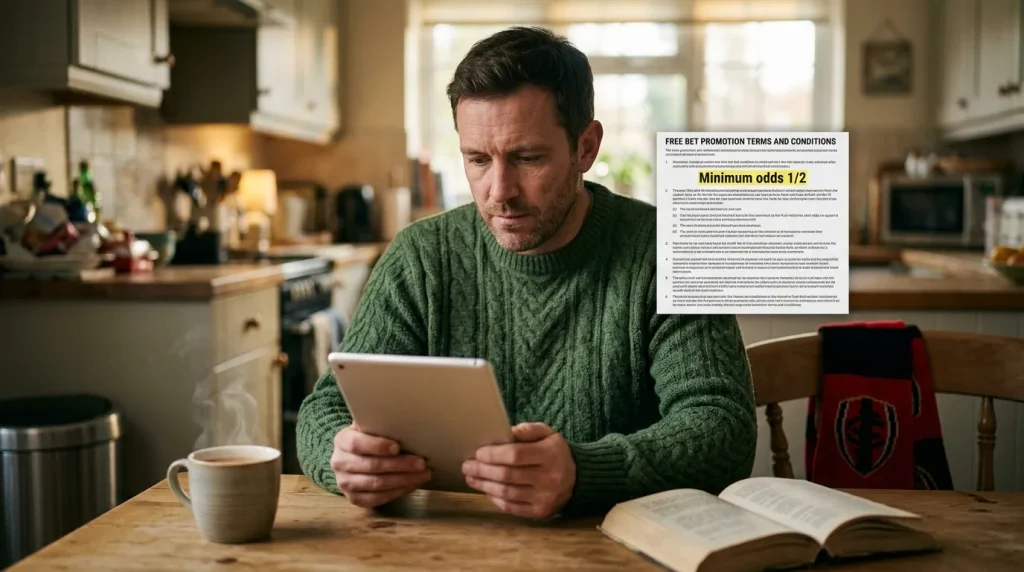 Rugby bettor reading wagering conditions and minimum odds clause on a tablet