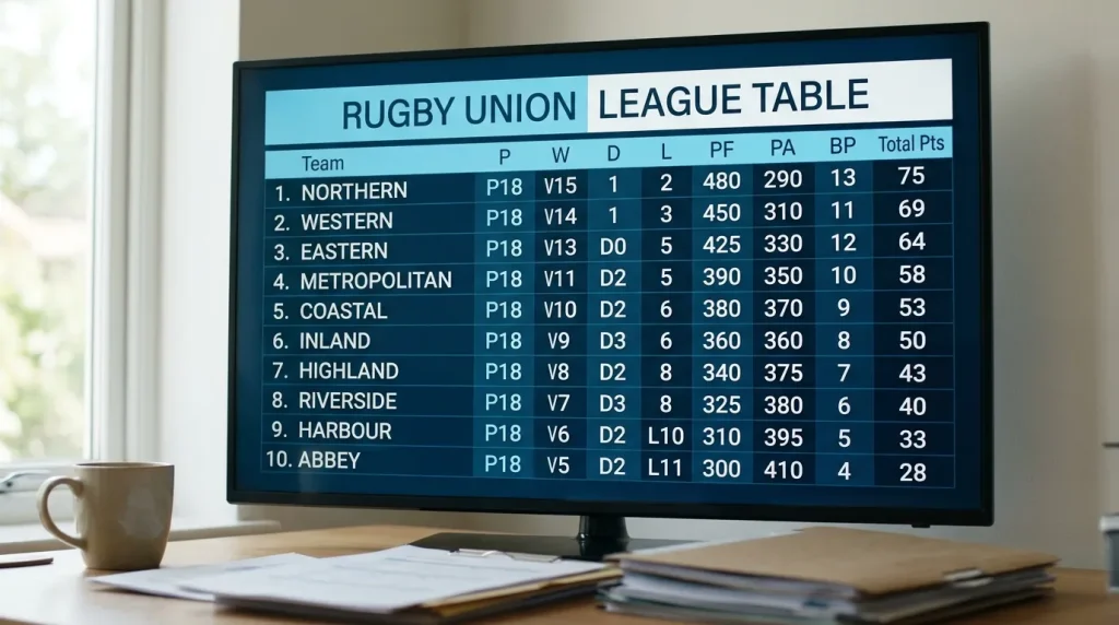 Gallagher Premiership league standings displayed on a sports news screen