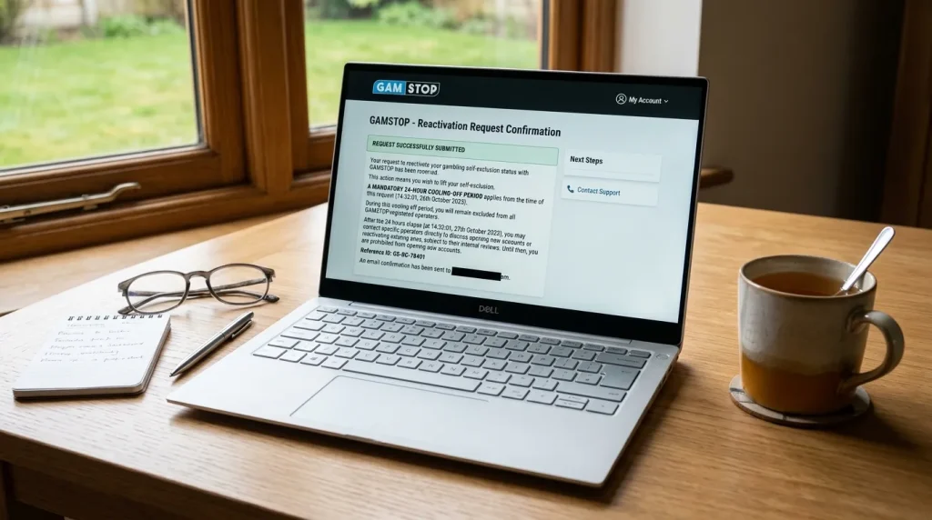 GamStop reactivation request confirmation screen showing a mandatory cooling-off window