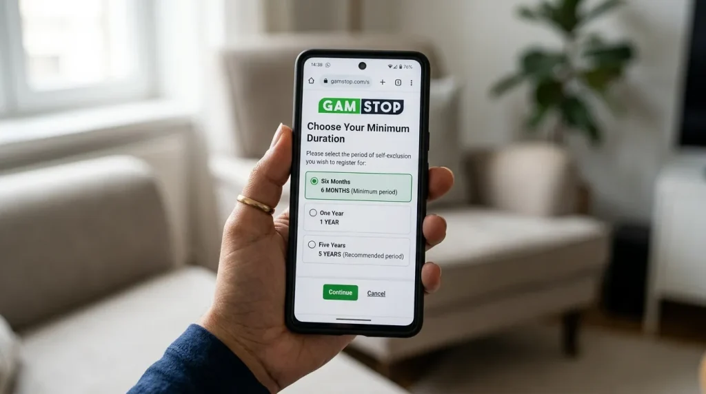 GamStop duration selection screen showing six months, one year and five-year options