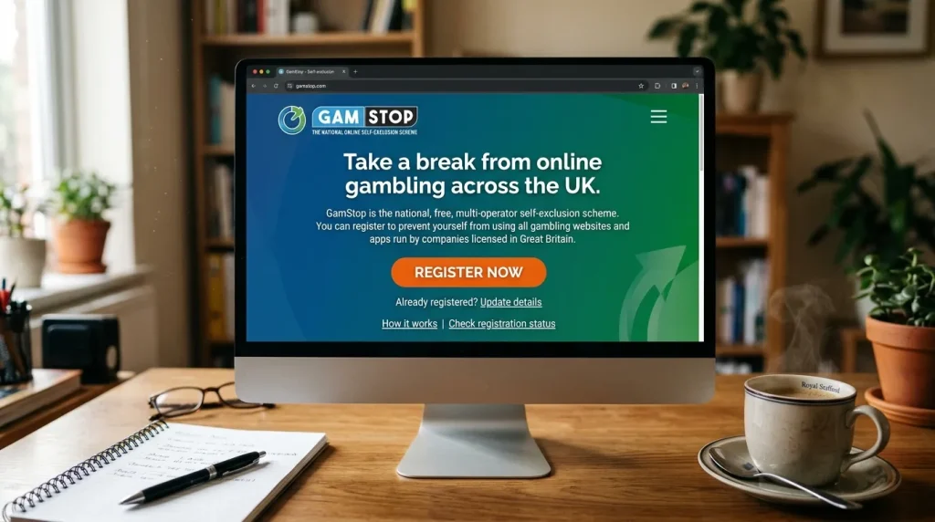 GamStop national self-exclusion scheme landing page open on a laptop
