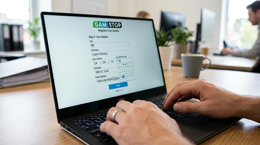 GamStop registration form open on a laptop with name, date of birth and postcode fields