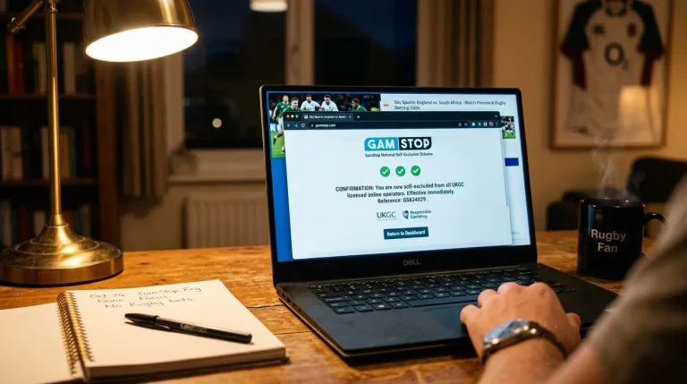 GamStop self-exclusion registration confirmation page open on a laptop with a rugby match preview minimised behind it