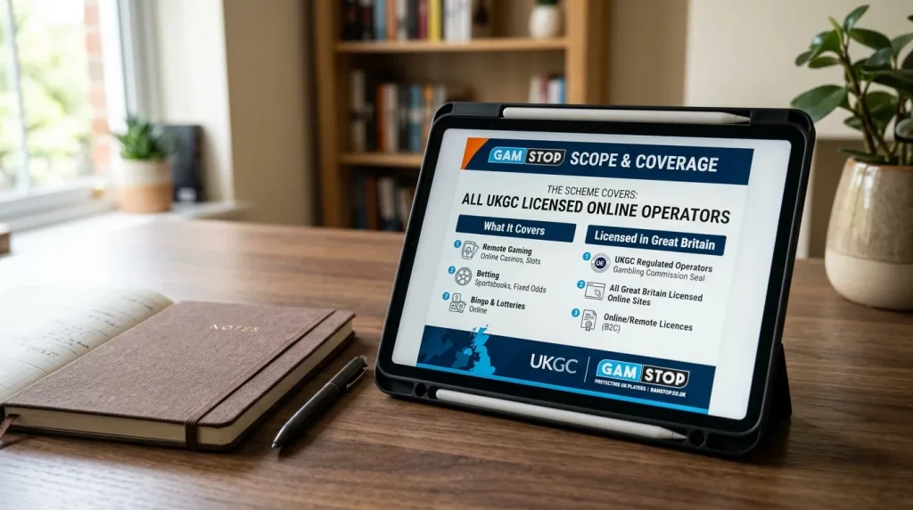 GamStop scope explainer page detailing UKGC licensed online operator coverage