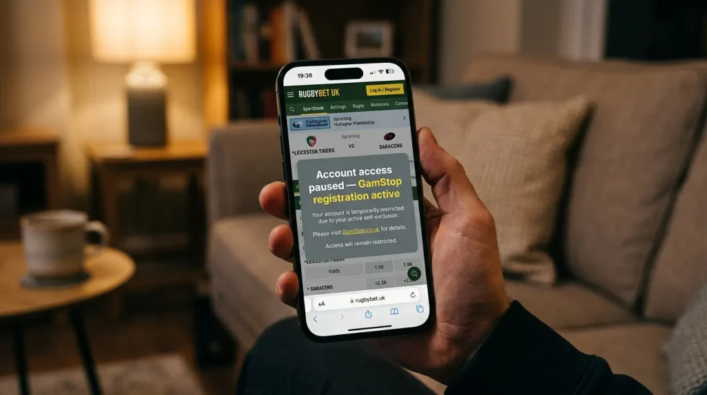 GamStop confirmation message overlaid on a paused rugby betting account
