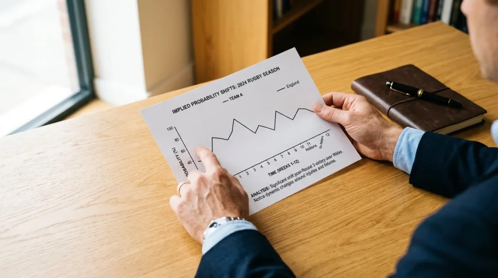 Analyst studying a simple line chart showing rugby implied probability shifts