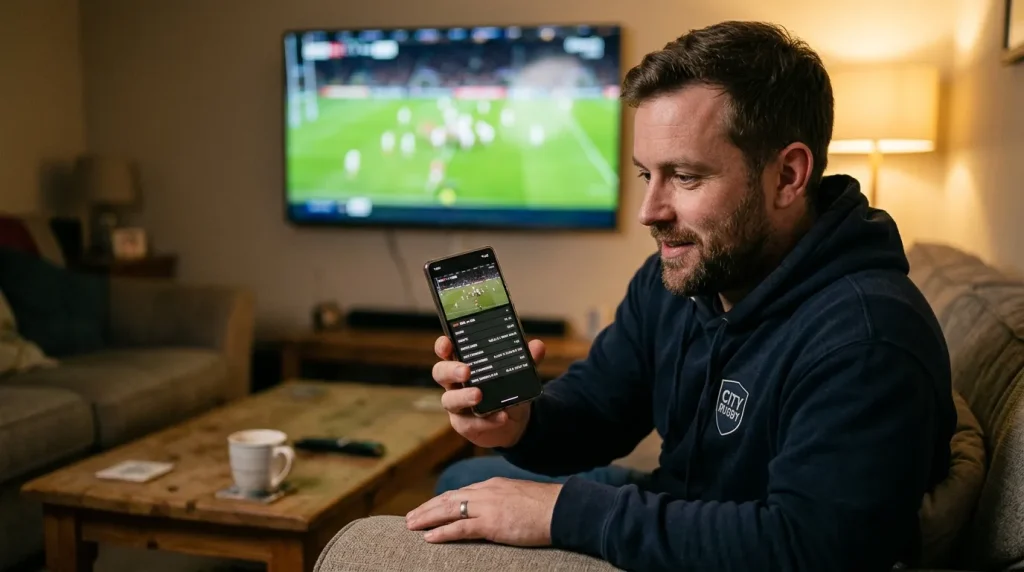 UK rugby fan watching a live Premiership match on his phone with the in-play betting screen visible