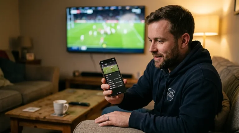 UK rugby fan watching a live Premiership match on his phone with the in-play betting screen visible