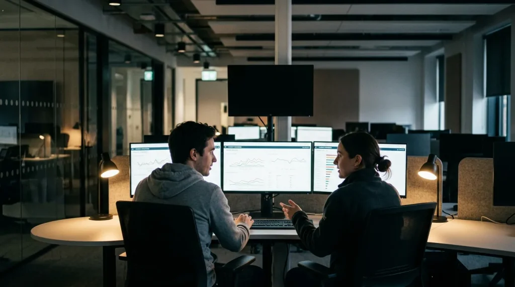 Sports integrity analysts working at a quiet bank of monitors in a low-lit office