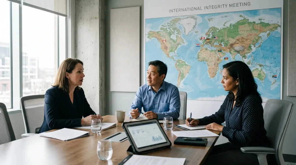 Three professionals meeting around a conference table with a world map on the wall