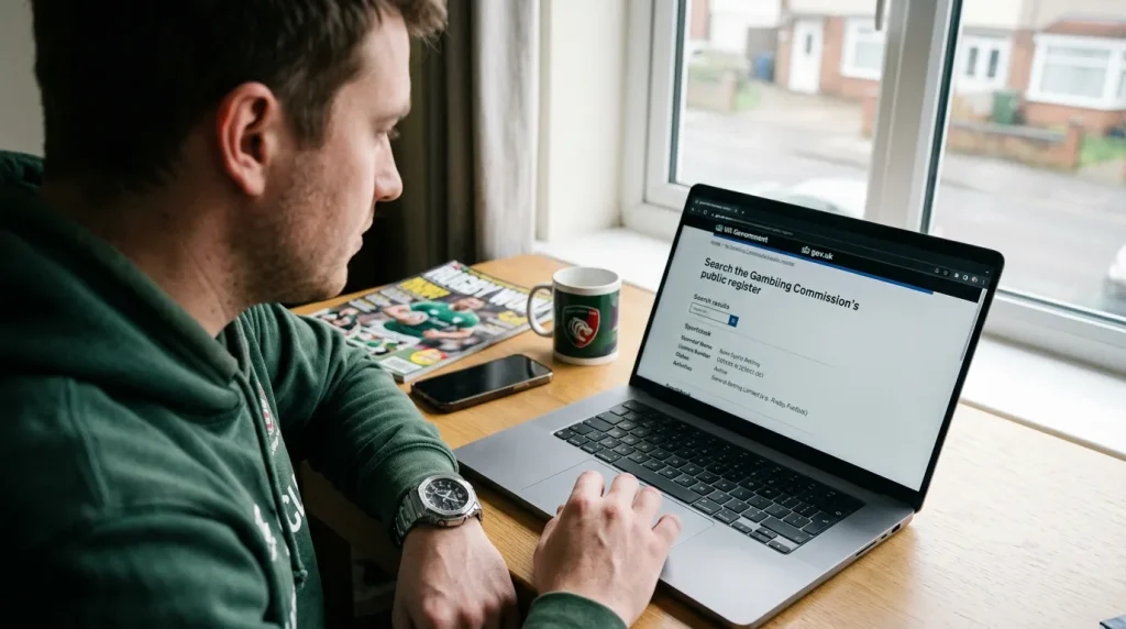 Bettor verifying a rugby sportsbook licence on the gov.uk register in under a minute