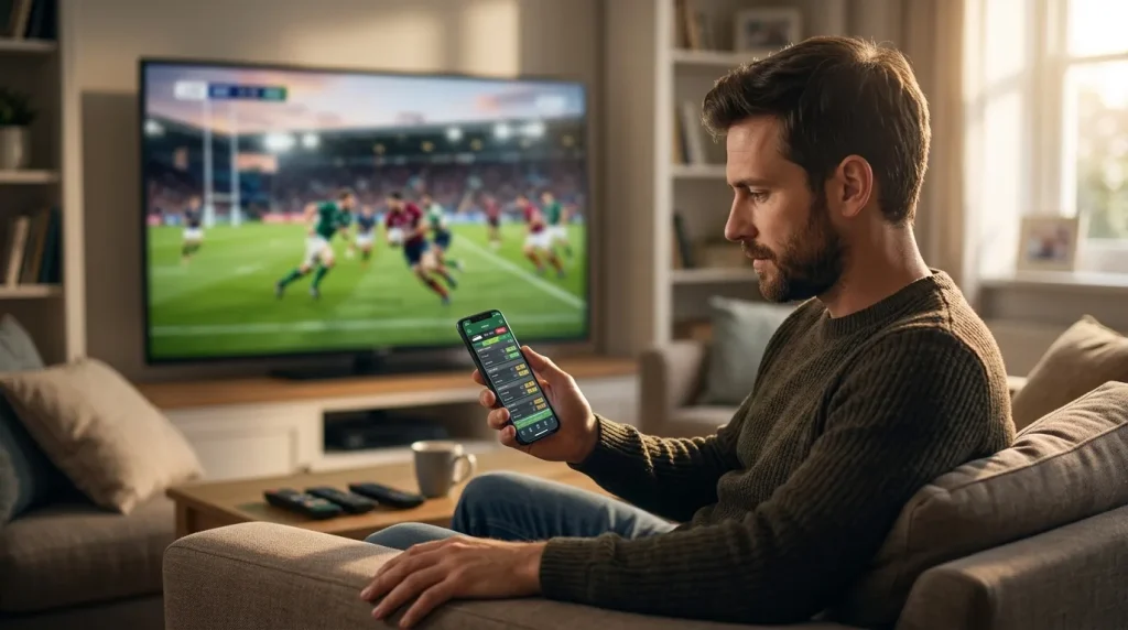 Rugby fan checking a live bet builder slip on his phone in front of a TV showing a Six Nations match