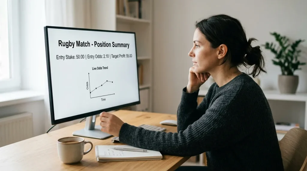 Rugby trader at a desk reviewing a simple lay-off position on a live in-play bet