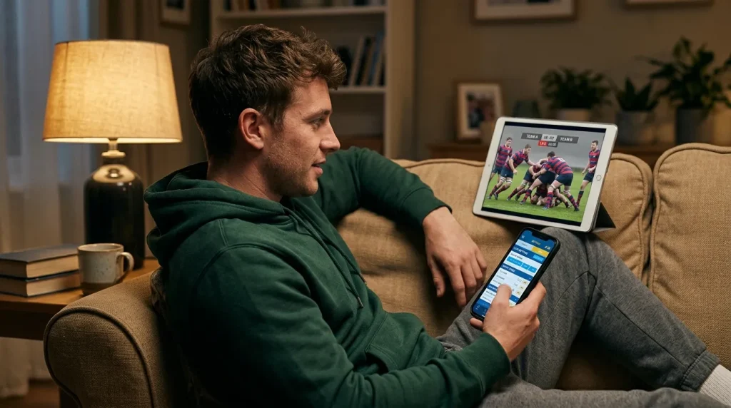 Person watching rugby live on a tablet while holding a phone for in-play betting
