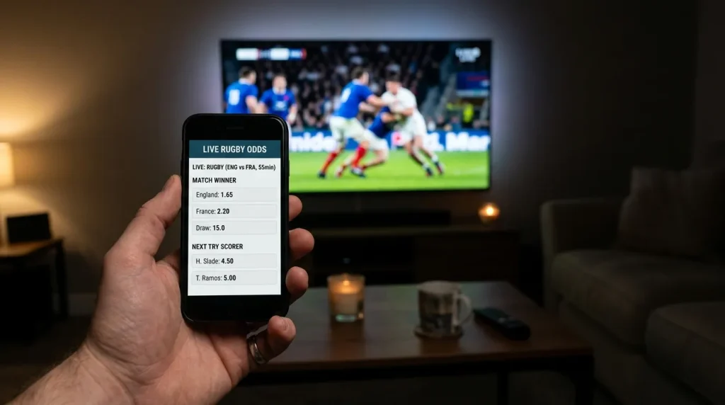 Hand holding a phone showing a live rugby in-play coupon as a Premiership try unfolds on the screen behind
