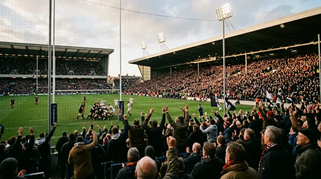 Stadium crowd raising arms as live rugby action unfolds on the pitch below